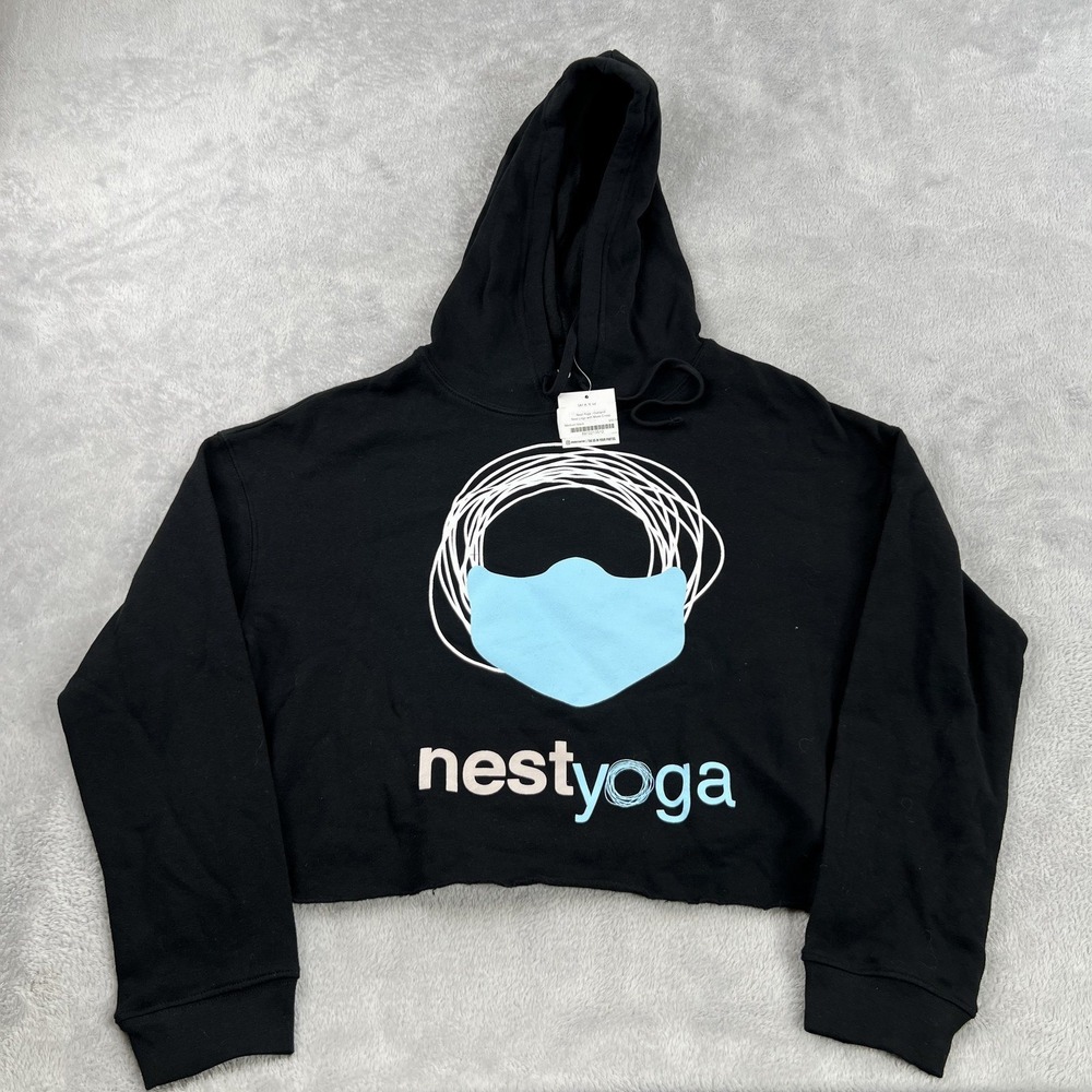 Rubee Nest Yoga Cropped Hoodie M Black Womens Graphic Pullover USA Athleisure